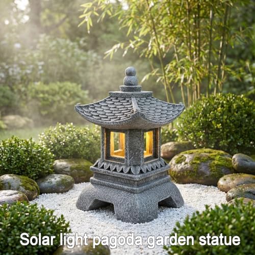 Solar Pagoda Decors Garden Statues, Zen Asian Outdoor Statues Accessories Japanese Pagoda Lamp Lantern for Garden Balcony Patio Porch Yard Art Ornament Decoration, 12 Inches - Image 6