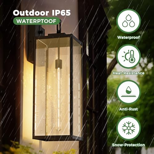 DORESshop 24 Inch Large Size Dusk to Dawn Outdoor Wall Lights, Matte Black Waterproof Anti-Rust Outdoor Light Fixtures Wall Mount with Clear Glass Shade for Porch, with T30 Light Bulbs, 2 Pack - Image 5