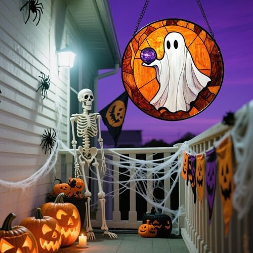 Halloween Stained Glass Window Hanging Ghost Suncatche Gift for Women 12" - Image 3