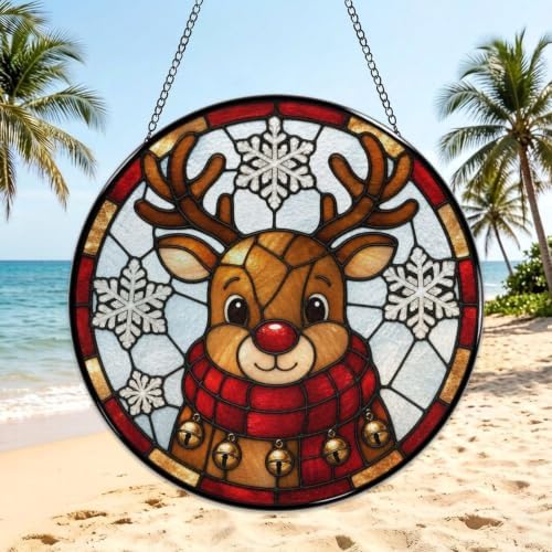 Cute Christmas Reindeer Stained Glass Suncatcher 11.8" Colorful Window Hanging Ornament, Sun Catcher Decor for Bathroom Front Door Living Room Home Wall Garden - Image 3