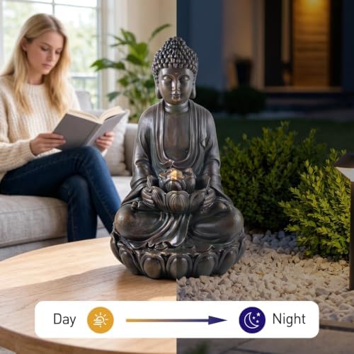 19.7" H Buddha Fountain with Pump & LED Light, 2 Tier Zen Style Meditating Buddha Water Fountain Indoor and Outdoor Buddha Statues for Garden Patio Backyard and Home Decor - Image 5