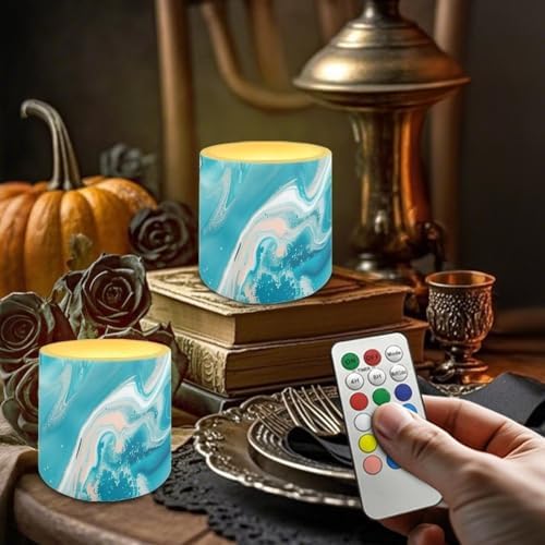 Blue Marble Flickering Flameless Candles with Remote Battery Operated Candles with Color Changing Timer Control 4Pcs LED Pillar Tea Lights for Wedding Banquet Home Decorations - Image 3