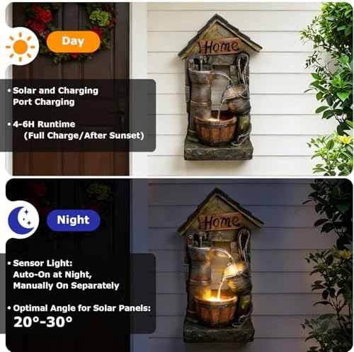 28.7" H Solar Outdoor Water Fountain,3-Tier Solar Powered Rustic Barrel Pump Water Fountain Cascading Waterfall Fountains Outside for Garden, Patio, Backyard, Porch/Two Placement Options - Image 6
