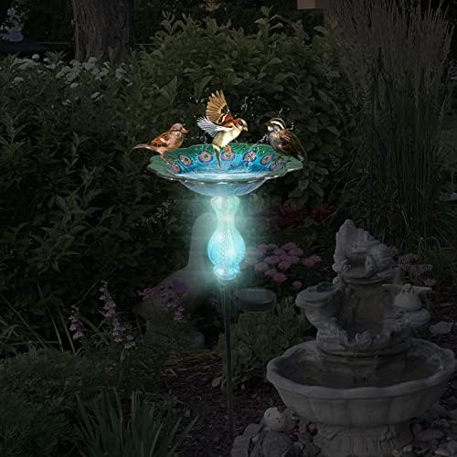 John's Studio Peacock Bird Bath for Outdoor - Glass Bowl Solar Light Cage Outside Dish Bird Feeder with Metal Stake for Garden, Yard and Patio - 32 inches - Image 5