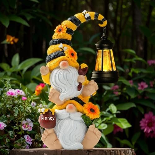 Solar Bee Garden Gnomes with LED Lantern, 12.2-Inch Outdoor Statue by QZZP