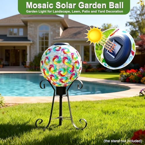 SAVENNA Mosaic Solar Gazing Ball 10 Inch, Glass Garden Globe with Auto On/Off for Yard, Lawn & Outdoor Decor, Multicolor Mosaic - Image 3