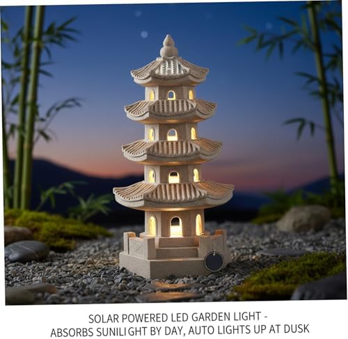 Pagoda Garden Statue Solar Powered Pagoda Lantern Resin Outdoor Zen Japanese Garden Decor for Balcony, Patio, Porch, Yard 11.4x4.7x4.7 inch Khaki - Image 5