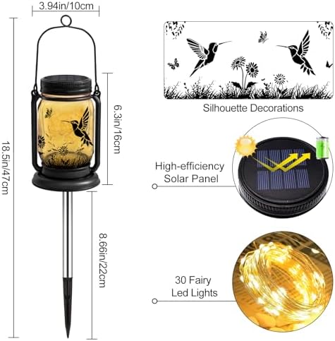 Hummingbird Solar Lanterns 3-in-1 Outdoor Waterproof - Birthday Gifts for Women Mom Christmas, Mason Jar Hanging Lanterns with Stake, Garden Decor Lights for Patio Yard Balcony Decorations, 2 Pack - Image 2