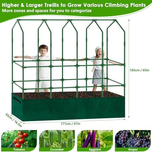 Large Cucumber Trellis for Climbing Plants with Grow Bag, 67"×65"×16.5" Metal Garden Trellis for Raised Bed with Garden Netting and Plant Clip Plant Ties for Vegetables, Squash, Pea, Grape, Tomato - Image 2