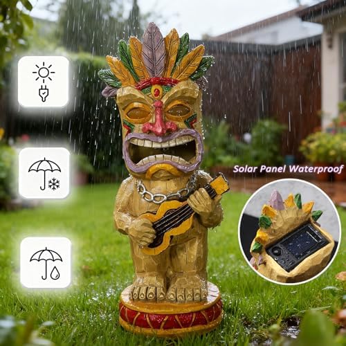 Solar Tiki Garden Statue with LED Eyes Outdoor Resin Ukulele Player Yard Decor Solar Light Hawaiian Style Lawn Ornament for Patio Porch Tiki Bar Decor Best Gift for Tiki Lovers - Image 2