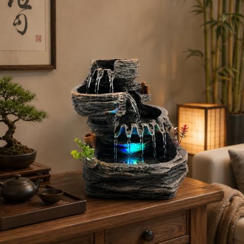 Indoor Tabletop Water Fountain with LED Light, Resin Rock-Look Waterfall Decor, Feng Shui Inspired Zen Fountain for Desk, Office, Bedroom, Living Room & Meditation Space (9.25" Cascading Rock) - Image 2