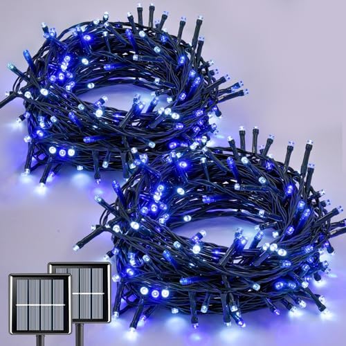 QITONG 2 Pack Blue and White Solar Christmas Lights, Each 66ft 200 LED Solar String Lights Outdoor Waterproof, 8 Modes Solar Twinkle Light for Outside by QITONG