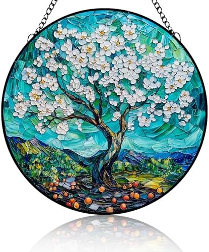 Flower Stained Glass Suncatcher Apricot Blossom Apricot Tree Handmade Window Hangings Colored Glass Suncatcher for Indoor Garden Christmas Decoration Home Decor for Women Wife 9.84x9.84 Inch by Unknown
