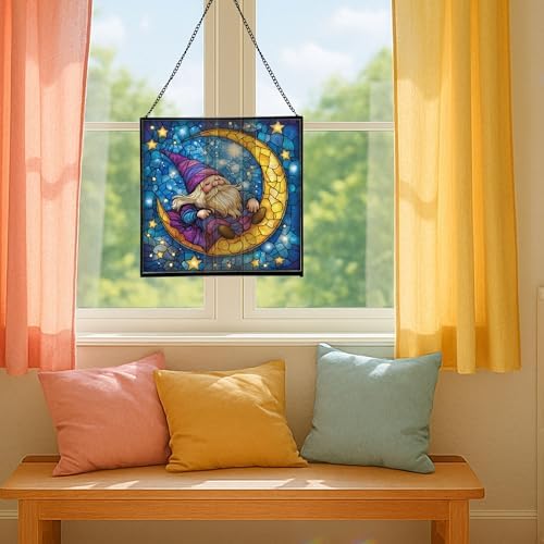 Crescent Moon Gnome Stained Glass Suncatcher – Square Hanging Window Panel for Home or Greenhouse – Whimsical Glass Art Gift for Garden Lovers, Christmas, Halloween, Father Days P5Mysc - Image 5