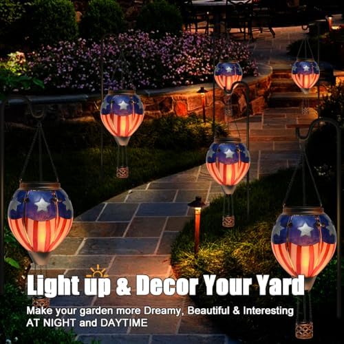 Hot Air Balloon Solar Lantern - U.S Flag Patriotic Glass Lantern, Simulated Flickering & Dancing Flame, Outdoor Hanging Yard Light Waterproof IP65, Ideal 4th of July Gift for Patriot Patio Decor - Image 5