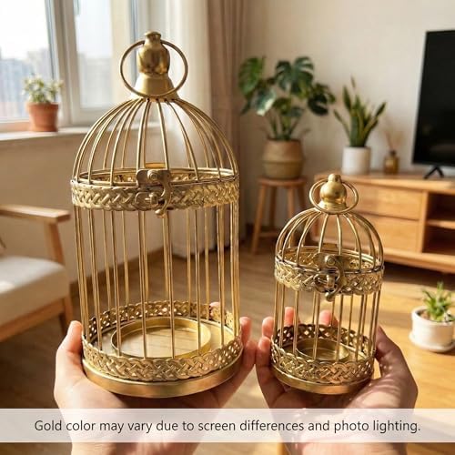 Vela Lanterns Decorative Indoor Bird Cage Candle Holder Set of 2, Gold - Image 3
