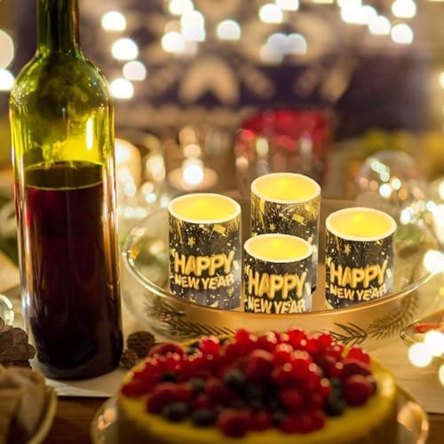 GLENLCWE Gold Happy New Year Flameless Led Candles Bulk with Timer Remote Blue Pillar Candles Battery Operated Flickering Light for Gift Party Sweet Home Decor - Image 3