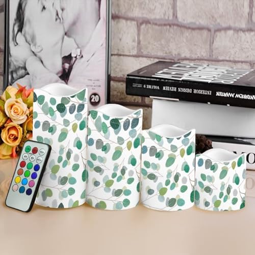 Green Leaves Flameless Candle with Remote Control Electric LED Pillar Candle Timer Color Changing Long Lasting Pack of 4 Battery Candles for Tabletop Beach Home Indoor Decoration - Image 4