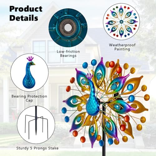 Peacock Outdoor Wind Spinner, 64 Inch Double Wind Sculpture Decor - Image 3