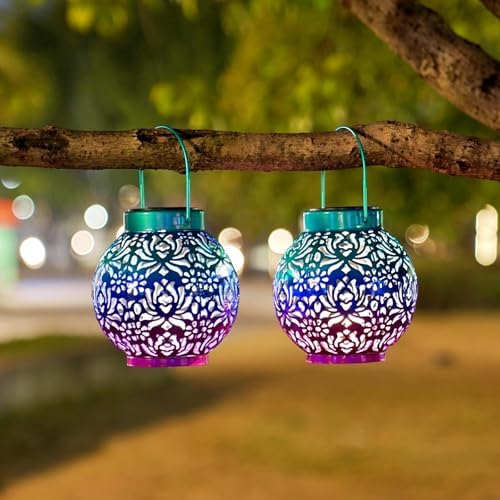 2 Pack Solar Hanging Lanterns, Metal Decorative Lamp, Royal Purple - Image 5