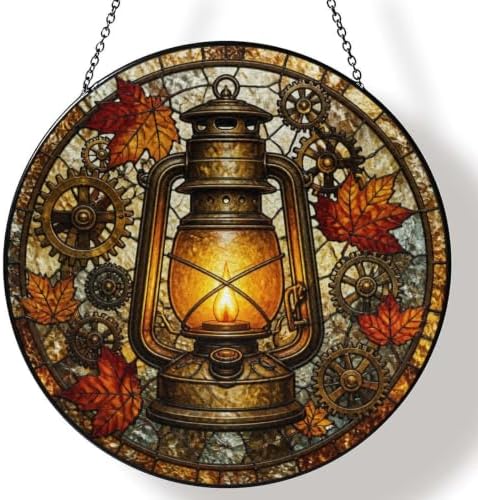 Autumn Lantern Gears Stained Glass Suncatcher 11.8" Colorful Window Hanging Ornament, Sun Catcher Decor for Bathroom Front Door Living Room Home Wall Garden by FeHuew