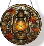 Autumn Lantern Gears Stained Glass Suncatcher 11.8" Colorful Window Hanging Ornament, Sun Catcher Decor for Bathroom Front Door Living Room Home Wall Garden by FeHuew