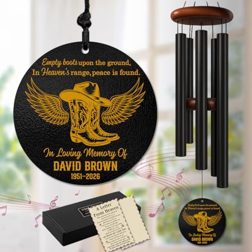 Personalized Memorial Wind Chimes for Outdoors Cowboy Boots Hat Wings Tribute Western Sympathy Gift Custom Name Years for Loss of Loved One Dad Husband Ranch Keepsake Hanging Garden Rustic by AlpadilCo