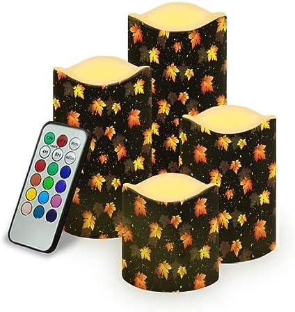 Jeiento 4 Pcs Flickering Flameless Candles Maple Leaf Realistic Pillar Candle Thanksgiving Day Decor-LED Flickering Battery Candles Include Realistic Moving Wick LED Flames and 18 Key Remote Control by Jeiento