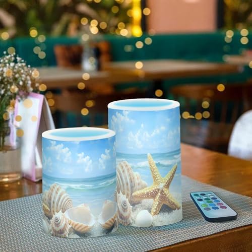 ALAZA Starfish Shells Beach Flameless Candles, LED Pillar Candles with Remote Timer, Battery Operated Candles Set of 2 - Image 3