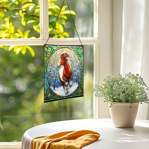 Brown White Icelandic Horse cantering through winter orchard Square Suncatcher–Stained Glass Style Window Panel with Pastoral Scene, Custom Decorative Hanging Art for Equestrian Home, Christmas BfBVSD - Image 2
