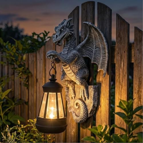 Outdoor Solar Dragon Statue Tree Hugger with Solar Lantern Garden Decor, Dragon Garden Statues Outdoor Patio,Tree, Fence Decoration, Dragon Outdoor Statues with LED Light, Gifts for Women (Stone) by DHOBY+GHAUT