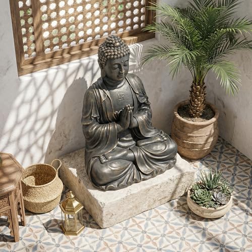Sculptures Buddha Statue, Garden Statues 23.6 Inch Tall, Large Magnesium Oxide Buddha Sculpture Indoor & Outdoor, Statue for Home Decor Yard Porch Patio, Dark Gray with Gold Accents - Image 4