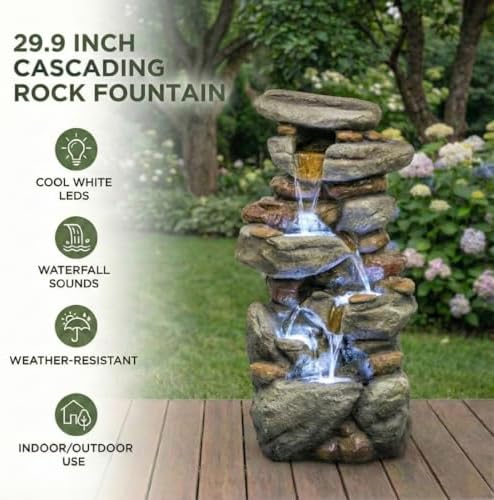 Bear Outdoor Water Fountain with LED Lights Resin Cascading Waterfall Garden Fountain for Patio Yard Balcony Decorative Water Feature - Image 3