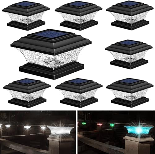 HUYIENO Solar Post Cap Lights Outdoor LED Lighting Deck Fence Light Two Modes Warm White/7 RGB Color Changing Suitable for 4x4 5x5 Wooden Posts (Black, 8pk), HY1238 by HUYIENO
