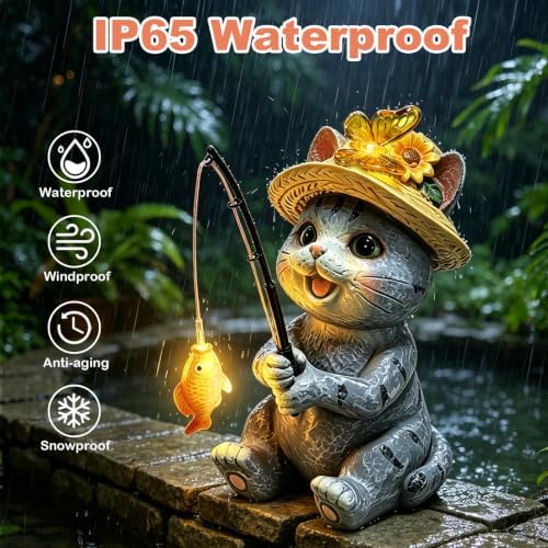 Solar Garden Outdoor Cat Statues, 10.24in Fishing Cat Figurine Solar Lights - Image 6