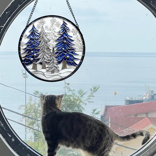 DASTOLL Stained Glass Window Hanging 4 Pcs Set White Winter Christmas Snow Scene 9.8" - Suncatcher Door Garden Sun Catcher Decor Birthday for Mom Woman Nana Men Friend Wife - Image 4