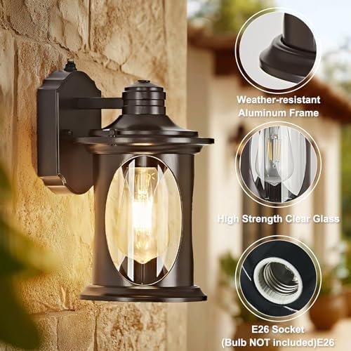 OKELI 2-Pack Dusk to Dawn Outdoor Wall Lights, Black Exterior Lighting Fixture Wall Sconces with E26 & Tempered Glass, Rust Resistant Outside Lantern Lights Wall Mounted for Porch(Brown) - Image 7