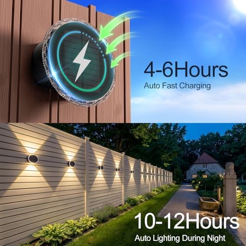 Ellasay Solar Fence Lights Outdoor: 360° Circular Lighting Solar Powered Wall Lights 12 Hours Long Runtime Up and Down Waterproof IP65 & 3 Modes High Brightness LED Focus Lens for Fence/Yard - 6 Pack - Image 2