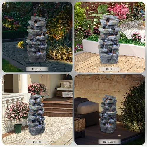 Polibi Outdoor Water Fountain with LED Lights, Rock Waterfall Garden Fountain, Tiered Cascading Resin Fountain for Patio Backyard Lawn Porch, Outdoor Water Feature with Pump, Gray - Image 7