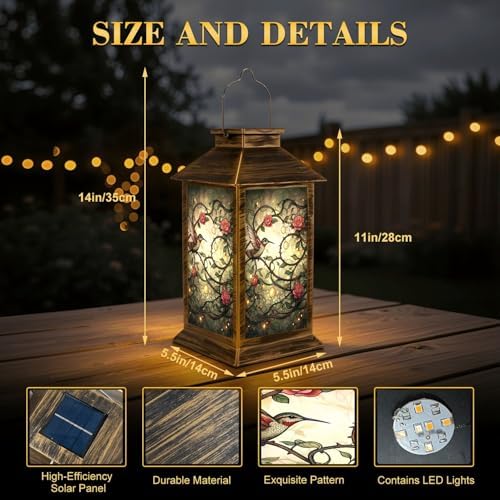Solar Lantern Outdoor Waterproof Art Nouveau Stained Glass Panel Roses Garden Decor LED Solar Lights Hanging/Tabletop Lamp Gifts for Women Mom for Outside Yard Patio - Image 2