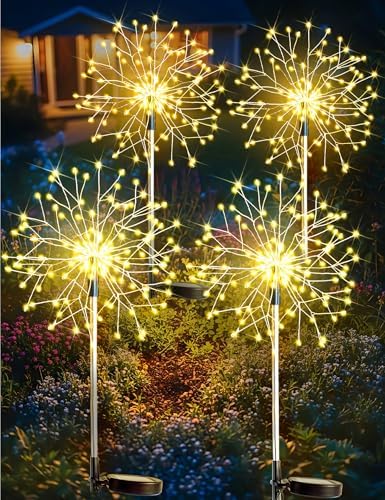 suddus Solar Garden Lights Outdoor Waterproof Decorative, 4Pack 150LED Firework Lights, Solar Fairy Lights for Yard, Garden, Patio, Pathway, Flowerbed, Party, Wedding Outside Decor- Warm White by SUDDUS