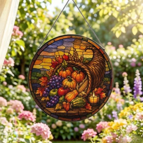 Thanksgiving Grapes Veggies Stained Glass Suncatcher 11.8" Colorful Window Hanging Ornament, Sun Catcher Decor for Bathroom Front Door Living Room Home Wall Garden - Image 2