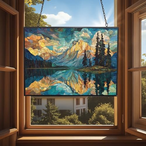 Rectangle Mosaic Mountain Reflection Lake Stained Glass Window Hanging, 15" W X 11" H Stained Glass Panel with Chain, Suncatchers for Windows Hanging Decorations, Gifts for Mom, Grandma - Image 4