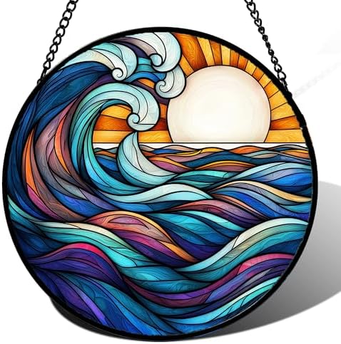 Sunset Ocean Waves Stained Glass Window Hanging Suncatcher Gifts 15" by DASTOLL