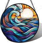 Sunset Ocean Waves Stained Glass Window Hanging Suncatcher Gifts 15" by DASTOLL