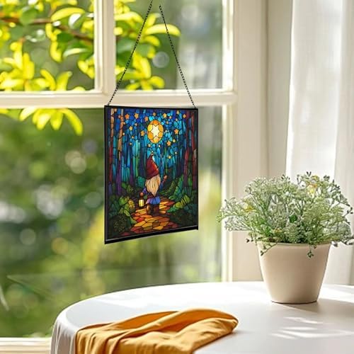 Starglow Gnome Trail Stained Glass Suncatcher – Square Hanging Window Panel for Home or Greenhouse – Whimsical Glass Art Gift for Garden Lovers, Christmas, Halloween, Father Days a6IQYm - Image 3