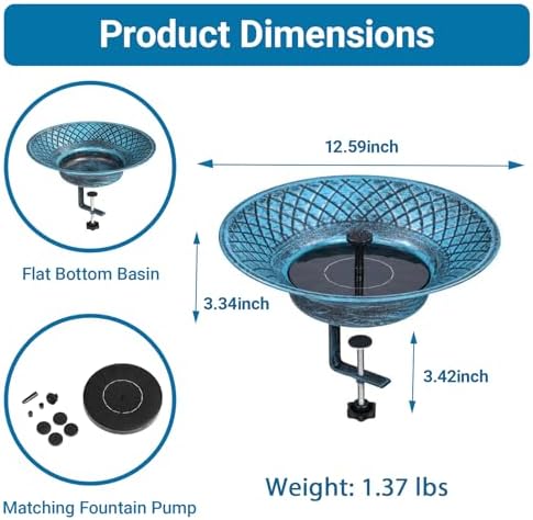 12.6" Solar Bird Bath for Deck Railing, Detachable Metal Bird Bath Bowl - Image 2