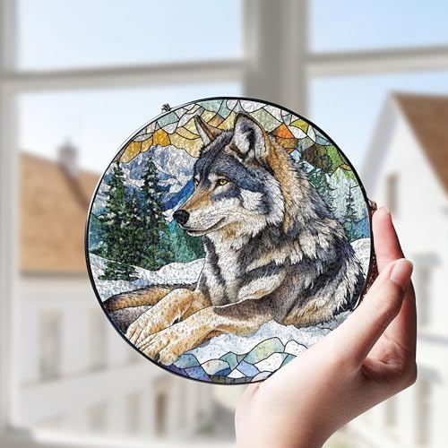 Watercolor Wolf Forest Stained Glass Window Hanging Sun Catchers Animal Trees Mountain Landscape Glass Panel Hangings Wolf Lover Gift Window Hanging Birthday Father's Day 9.9inch - Image 4