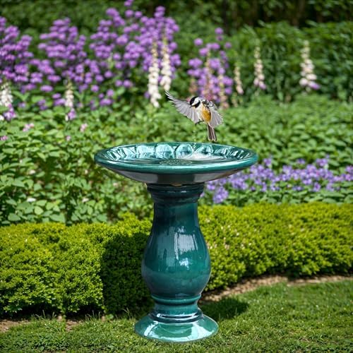 LuxenHome 22 Inch Ceramic Bird Bath for Outside, Elegant Tall Outdoor Bird Bath, Lightweight Pedestal Glazed Birdbaths for Outdoors with Floral Pattern, Dark Green - Image 5