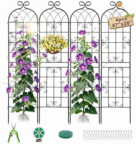 2.2M（86.7" H x 19.7" W） Black Iron Garden Trellis for Climbing Plants, 4PCS Metal Flower Support with Scroll Design & Powder Coating, Outdoor Decor for Roses, Vines, Patio, Yard, Fence by LorenzoMDC